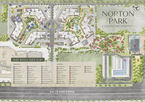 Norton Park amenities plan with separate legends for Plot B and the park